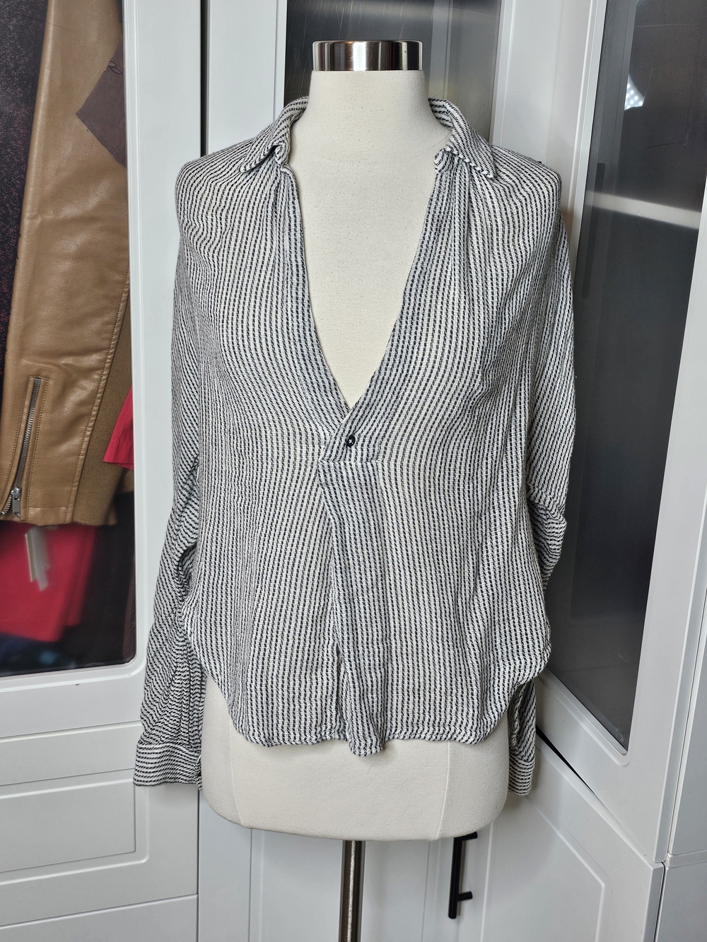 Free People Lightweight Black & White Striped Button-Front Women's Top
